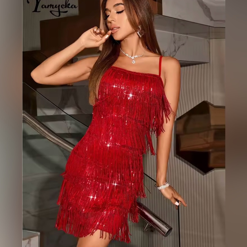 Red Fringe Sequin Slip Dress - Women